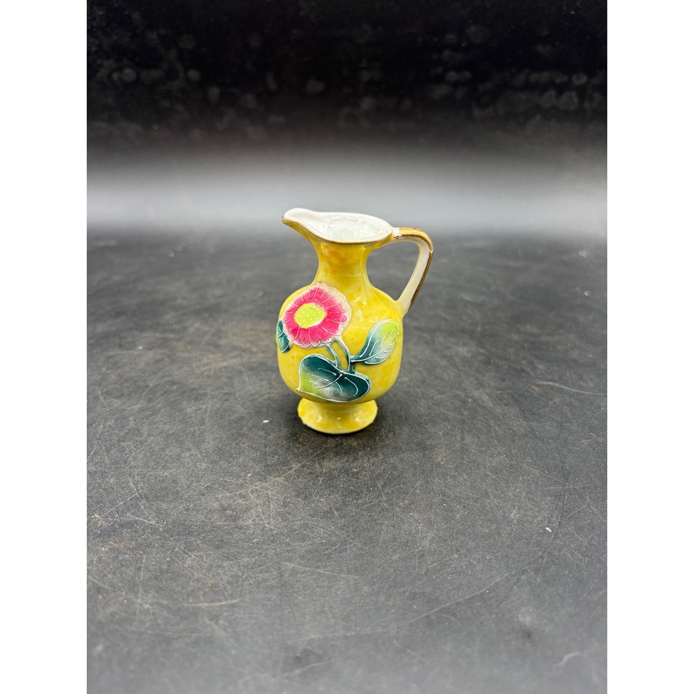 Vintage Occupied Japan Miniature Porcelain Pitcher Yellow Floral Gold Trim Ewer